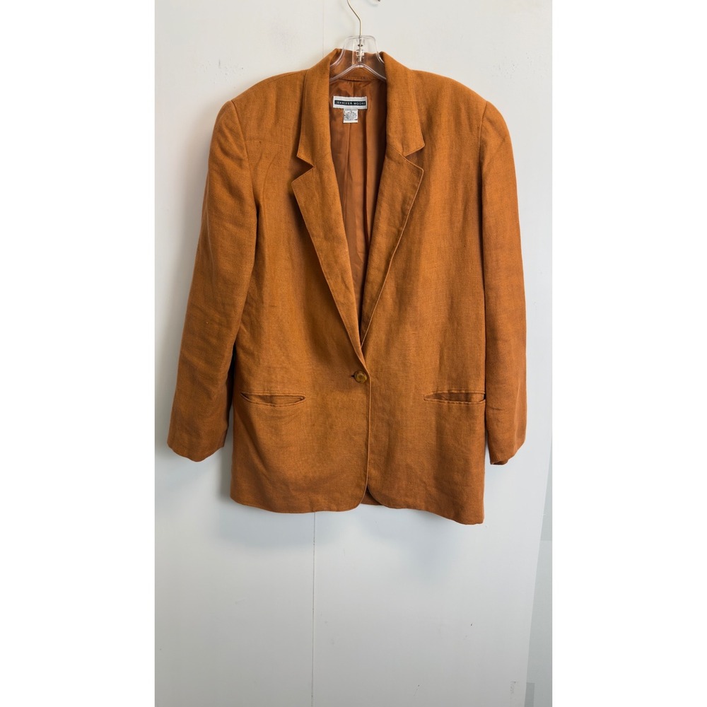 Jennifer Moore Vintage 100% Linen Blazer Rust Orange Single Button Jacket 12